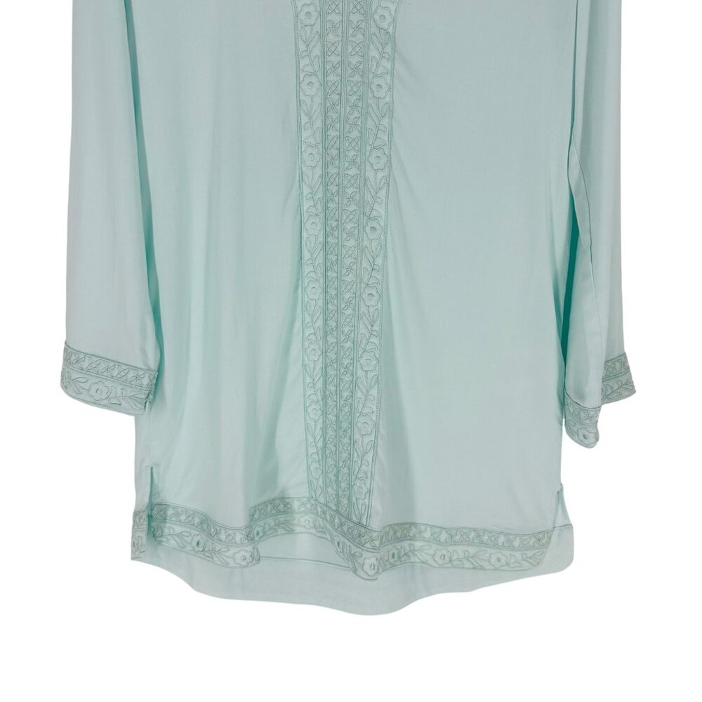Tavik Aqua Blue Floral Embroidered V-Neck 3/4 Sleeve Split Hem Beachy Tunic XS - Picture 4 of 8